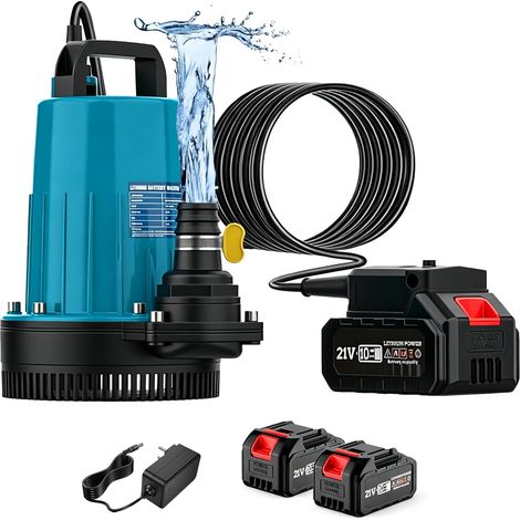 Pompe Submersible, 11000 L/H Pompe à eau Sans fil avec Câble de Connexion de 5m, Batterie 21V et Chargeur,Hauteur de Refoulement Max.12m, Idéal pour Piscine, Lit à eau, Arrosage du Jardin