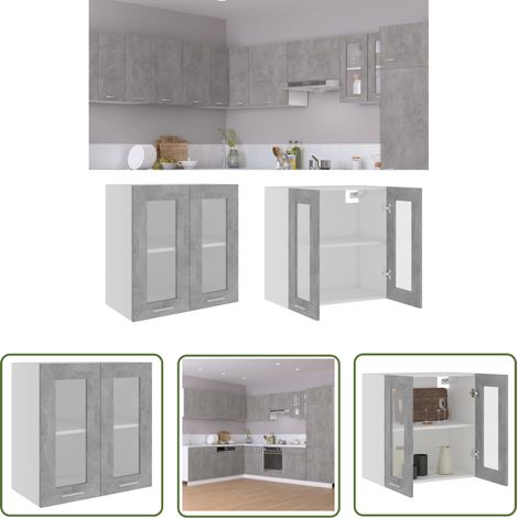 The Living Store Armoire en verre suspendue Gris béton Bois d'ingénierie - Armoire Suspendu - Meuble De Cuisine - Rangement Cuisine - Armoire Verre - Gris Beton (1/5)