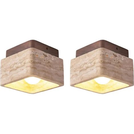 2pcs Plafonnier Vintage,Lampe de Plafond Moderne en Travertin Jaune Naturel Lustre Bois Abat-jour en Carre,1212cm (1/5)