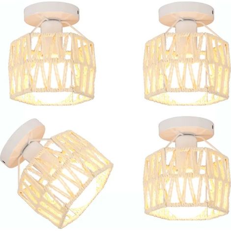 Lot de 4 Plafonnier Rétro en Carré Lampe de Plafond Industriel Abat-jour Rotin Blanc Lustre Vintage pour Salon Chambre (1/5)