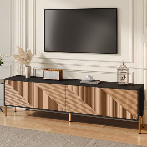 Meuble TV 179 cm Noir et Bois avec 4 Portes à Motif Géométrique 3D, Pieds en Métal Doré et Passages de Câbles, Grand Meuble TV Bas de Salon Luxe Moderne (1/5)