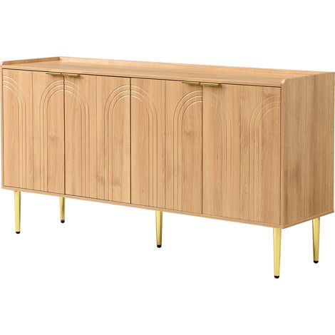 Credenza moderna in MDF naturale 140 x 38 x 75 cm con 4 ante e ripiani regolabili (1/5)