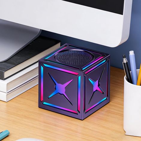 JSSEVN - Altavoz Bluetooth compacto, cubo musical miniatura inalámbrico de 5 W, altavoz RGB portátil con sonido HiFi, Bluetooth 5.3, efectos de iluminación (negro) (1/5)