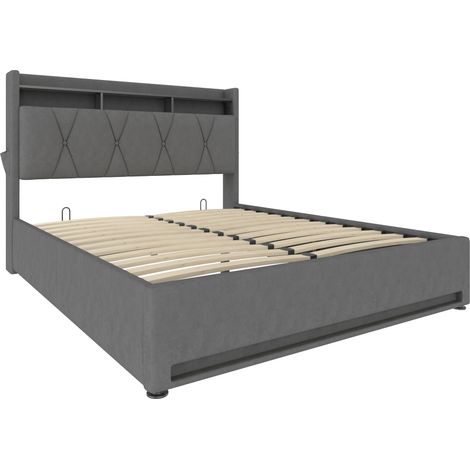 Polsterbett mit Bettkasten 160x200 cm aus dunkelgrauem Samt mit LED und USB-C (1/5)
