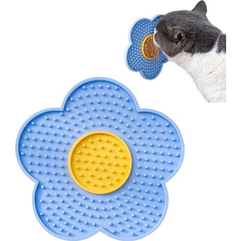 15 x 15 x 1,5 cm große, blaue Silikon-Leckmatte mit Sonnenblumenmotiv und Saugnapf, geeignet für Katzen und Hunde (1/5)