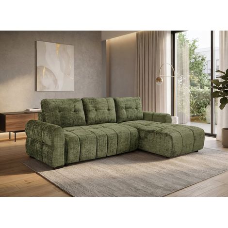 Canapé d'angle convertible avec coffre en velours chiné vert