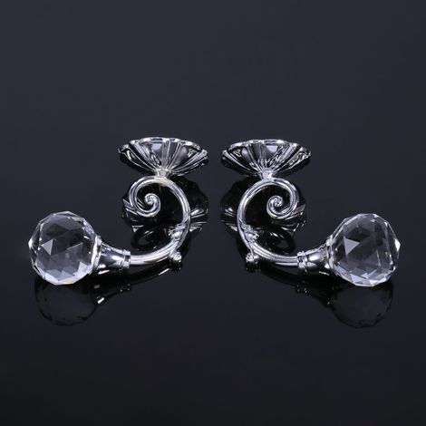 2x Crochet de rideau en métal et verre cristal pour fixation murale, support de tirant de voilage pour fenêtre, crochet argenté (1/3)