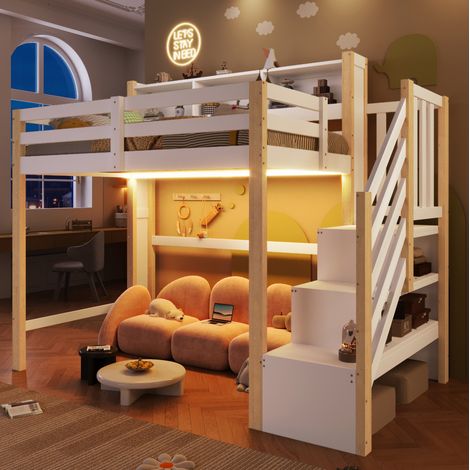 Letto a soppalco 253x112x175 cm, con LED e scala contenitore, ampio spazio sotto, legno di pino e MDF, bianco naturale (1/5)