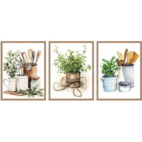 3 Pièces Set Décoration Murale Cuisine Rustique Aquarelle, Affiches Herbes (1/5)