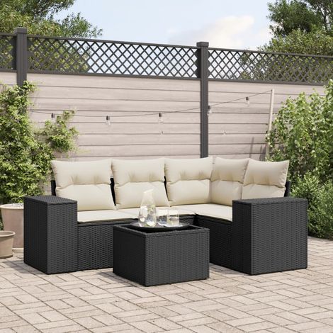 Ensemble Salon Jardin 5 Places Noir Résine Tressée avec Coussins Crème et Table Verre Trempé (1/4)