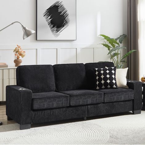 Divano a 3 posti 206x72x86 cm, con portabicchieri nei braccioli, comfort ergonomico, tessuto corduroy, nero (1/5)
