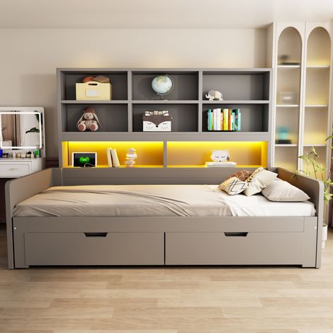 Lit Banquette Extensible 90x200 à 180x200 cm avec Éclairage LED, Prises, 2 Tiroirs, Tête de Lit avec Étagères, Rangements Ouverts, Bois - Gris (1/5)