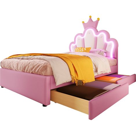 Lit enfant rembourré PU rose 90x200 cm avec LED 16 couleurs, 2 tiroirs et tête de lit réglable, sans matelas (1/5)