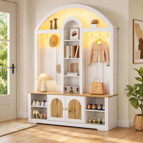 Armario de entrada 150x40x195 cm con estantes, ganchos y zapatero, blanco, MDF FloraGrace (1/5)