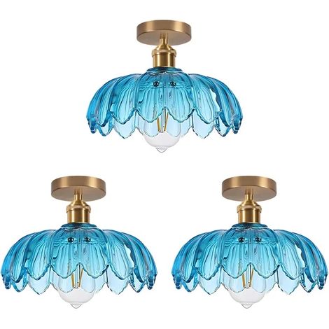 3x Plafonnier Moderne en Verre,Lampe de Plafond Vintage Abat-jour Design Fleurs Lustre Style Nordique pour Salon Chambre,Bleu (1/5)