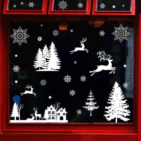 Autocollant pour vitre Sapin de Noël Cèdre blanc Maison enneigée Autocollant pour fenêtre Élan (1/4)