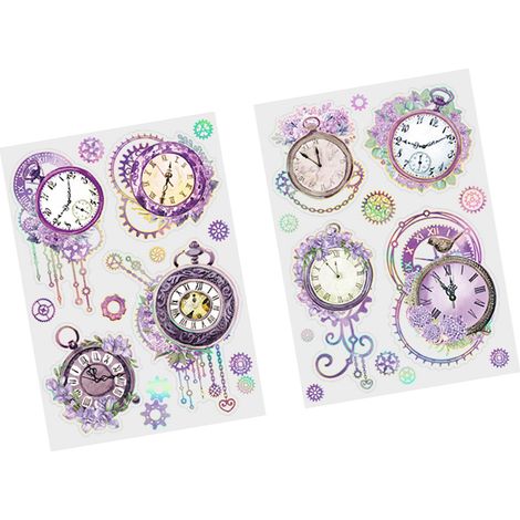 Lot de 2 autocollants décoratifs à faire soi-même, motif horloge et fleurs, adhérence optimale, pour agenda, carnet, enveloppe ou album photo (violet).