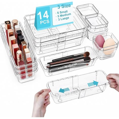 Lot de 14 organiseurs de tiroirs, extensibles, plateau d'organisation de coiffeuse, avec 3 tailles, transparent, organisateur de tiroirs en PET pour couverts, maquillage, ustensiles de cuisine (1/5)