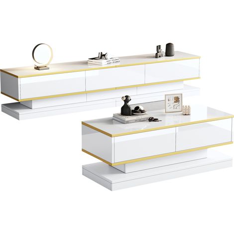 Set moderno de salón: mueble TV blanco brillante y mesa de centro con acabado dorado (1/5)