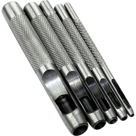 5-teiliges Locher-Werkzeugset mit 2/3/4/6/8 mm – Hohlstanzer zum Bohren von Löchern – für Gürtel/Leder/Kork/Stoff/Uhrenarmbänder – Hammer – Stahl (1/4)
