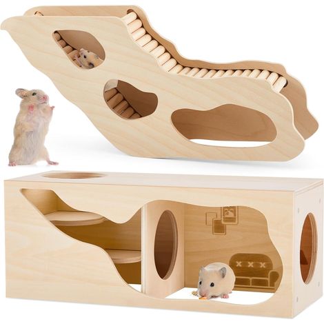 Ensemble de 2 cachettes pour hamsters : maison et tunnel, tunnel d'exploration avec échelle, abri secret pour hamsters syriens, gerbilles, hérissons, rats, souris et autres petits animaux de compagnie (1/5)