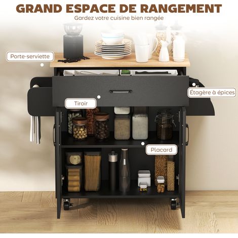 Desserte de cuisine - [Marque] - [Modèle] Noir effet bois 105x36x85cm multi-rangements tiroir placard étagère réglable roulettes (1/5)