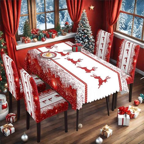 Ensemble de 30 nappes et housses de chaises de Noël classiques bleues, imperméables, en soie de lait, avec imprimé, référence TC-30 (140 x 210 cm).