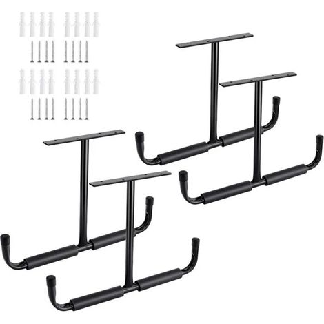 Crochets de garage robustes en métal noir, lot de 4, fixation plafond/mur pour échelles, vélos, outils (1/5)