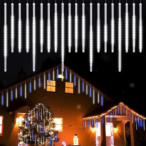 Lumières de Noël extérieures, Lumières de pluie de météores avec 20 tubes spirales (50-30cm 720 LEDs) longueur 6,65m, Lampe à glaçons étanche pour la décoration de Noël en extérieur, Blanc (1/5)