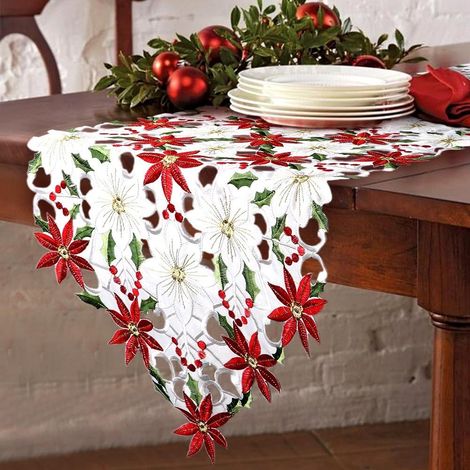 Chemin de table brodé de Noël, motif poinsettia et feuilles de houx, 38 x 175 cm (15 x 69 pouces). (1/3)