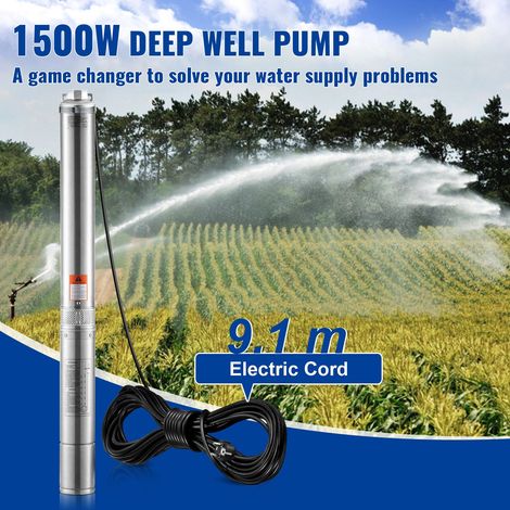 Pompe submersible puits profond 2CV 1500W 230V 50Hz debit 9.8 m³/h hauteur 108 m câble 9.1 m acier inox IP68 pour industrie irrigation domicile (1/5)