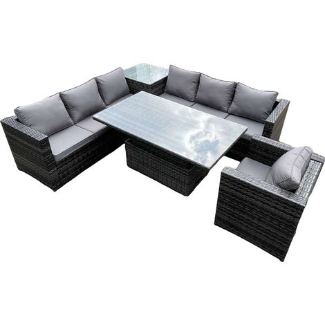 Fimous 7 places PE canapé d'angle en rotin ensemble mobilier de jardin ensemble de table à manger réglable surélevé table basse avec fauteuil (1/5)
