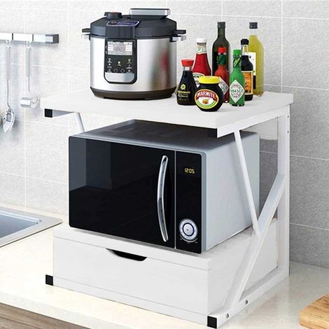 Scaffale Mensola Cucina Mobiletto Porta Microonde Cassetto Metallo Legno Bianco (1/4)