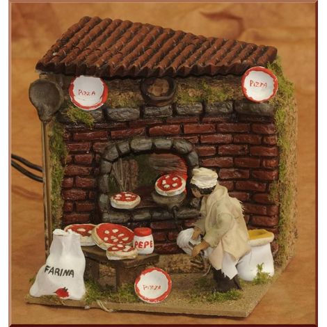 PIZZAIOLO CON MOVIMENTI E LAMPADA EFFETTO FIAMMA REALISTICA 10CM STATUA PRESEPE