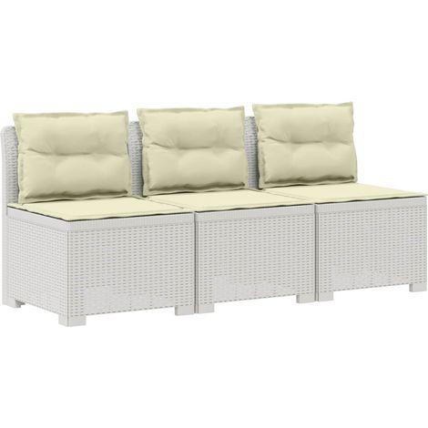 Canapé de jardin 3 places modulable en PP aspect rotin avec coussins blanc et crème (1/5)