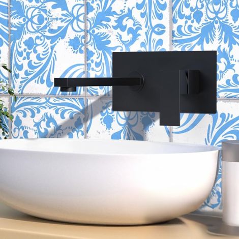 Rubinetto per lavabo a parete per acqua calda e fredda, facile installazione, in ottone inossidabile, elegante forma quadrata nero opaco, a prova di perdite - ALTRO (1/3)