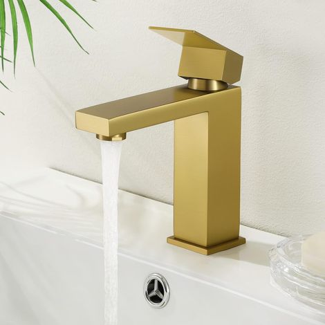Robinet de salle de bain en or brossé, robinet de lavabo moderne monotrou, robinet de lavabo en acier inoxydable, finition laiton brossé (1/5)