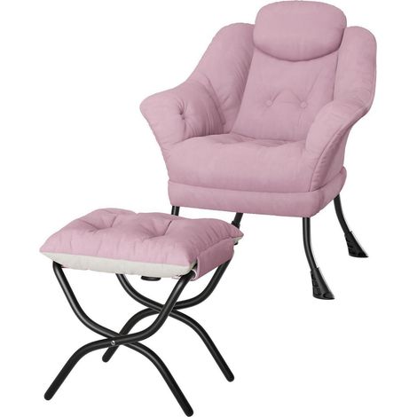 Bequemer Sessel mit Hocker, gepolsterter Lounge-Sessel mit Armlehnen und Seitentasche, Rosa (1/5)