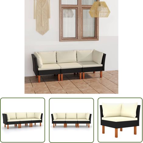 The Living Store 3-Sitzer-Gartensofa mit Kissen Schwarz Poly Rattan - Outdoor Möbel - Gartenmöbel Set - Lounge Sofa - Esszimmergarnitur - Balkonmöbel (1/5)