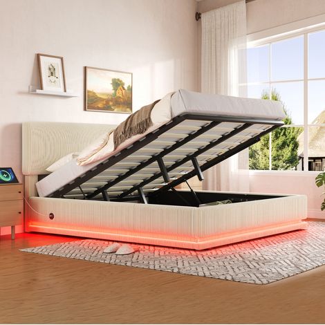 DESVIAE Lit rembourré en cord beige avec tête de lit réglable éclairage led ports usb c rangement sous le lit et sommier stable 180 200 cm (1/4)