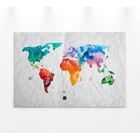 Tableau tendance carte du monde mutlicolore | Tableau sur toile effet papier froissé | Tableau aquarelle design pour bureau 0,9 x 0,6 m (1/5)