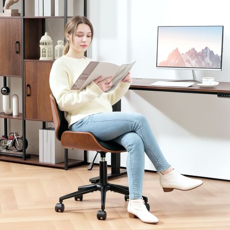 Silla de Escritorio sin Brazos Vintage Giratoria Tapizada en PU Madera Curvada Altura Ajustable Negro y Marrón (1/5)