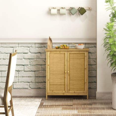 Crédence bohème rotin bambou 2 portes avec étagère interne, 60x27x67.5 cm, couleur bois naturel. (1/5)
