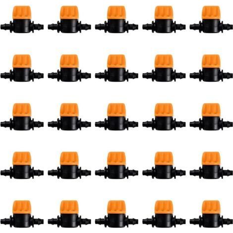 25 Pièces 4/7 Vanne D'irrigation, Mini Valves de Contrôle pour Tuyau d'arrosage 4/7mm, Valves d'arrêt Cannelées 1/4 Pouce Tuyau d'irrigation Goutte à Goutte, Mini Tuyau Vanne d'eau Travers