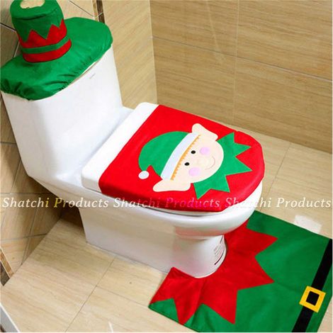3pcs Christmas Decor Elf Toilet Seat Cover and Rug Xmas Decoration Accessories (1/4)