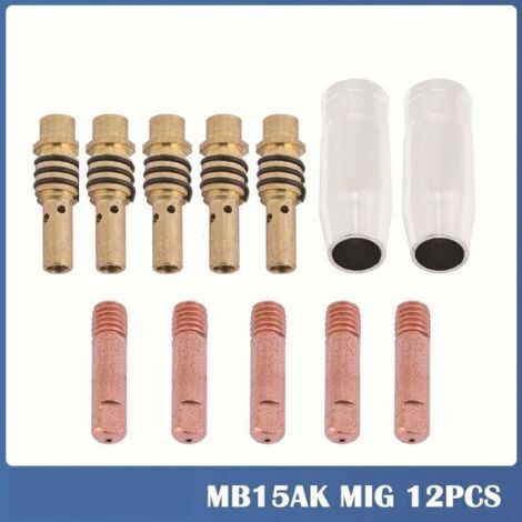 BUNTHAUS 12pcs Poste a Souder Mig sans Gaz Embouts de Contact de Buse de Soudage 15AK MIG/MAG Support de Connecteur de Gaz 0,8 mm, Buse Gas Conique, Support Tube de Contact, Consommables de Chalumeau