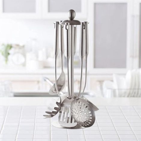 Soporte giratorio colgante de acero inoxidable para utensilios de cocina con 6 ganchos para cucharas, espátulas y cucharas soperas - Plateado (1/5)