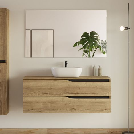 Meuble de salle de bain 120cm avec plateau et vasque à poser zeus - 2 tiroirs - madera miel (chêne clair) - LUNA (1/5)