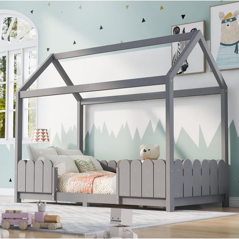Lit enfant cabane en bois massif gris 90x200 cm avec barrières de sécurité et sommier à lattes inclus (1/5)