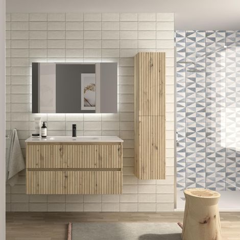 Mueble de Baño KIRA 100cm Roble 2 cajones Lavabo 1 poza Porcelana (1/5)